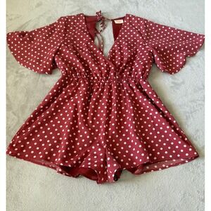 Showpo Size 12 Polka Dot Romper V-Neck Flutter Sleeve Tie Back Casual Red